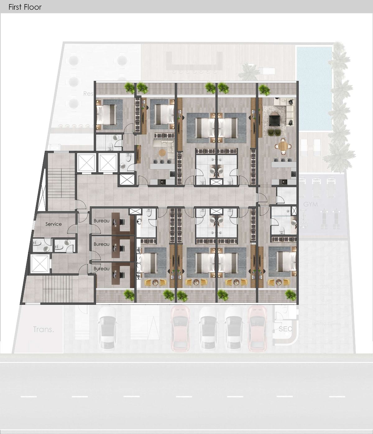 Plan du premier étage : appartements avec chambres et séjours, bureaux et local de service