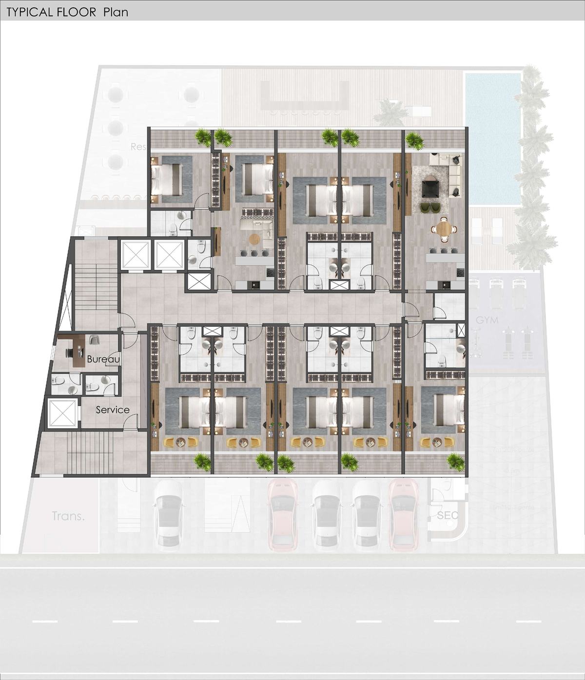 Plan d'étage courant : huit appartements desservis par un noyau central de circulation