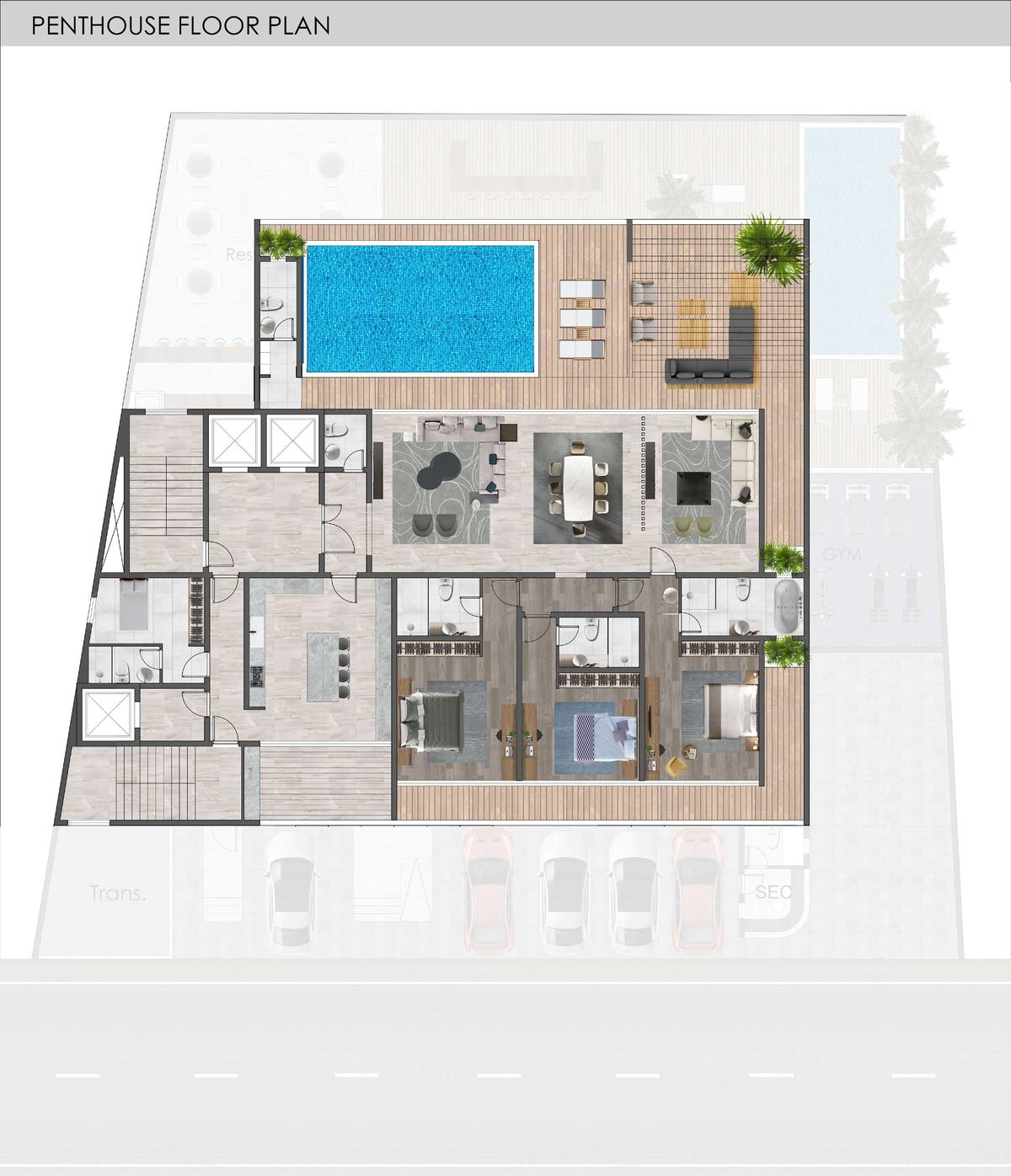 Plan du penthouse : suite de standing avec séjour traversant, trois chambres et piscine privative sur terrasse