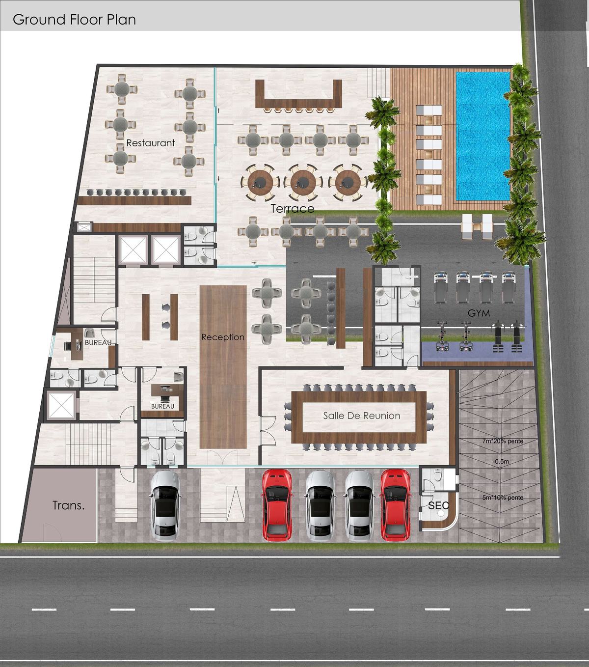 Plan du rez-de-chaussée : réception, restaurant, terrasse, bureaux, salle de réunion, salle de sport et piscine