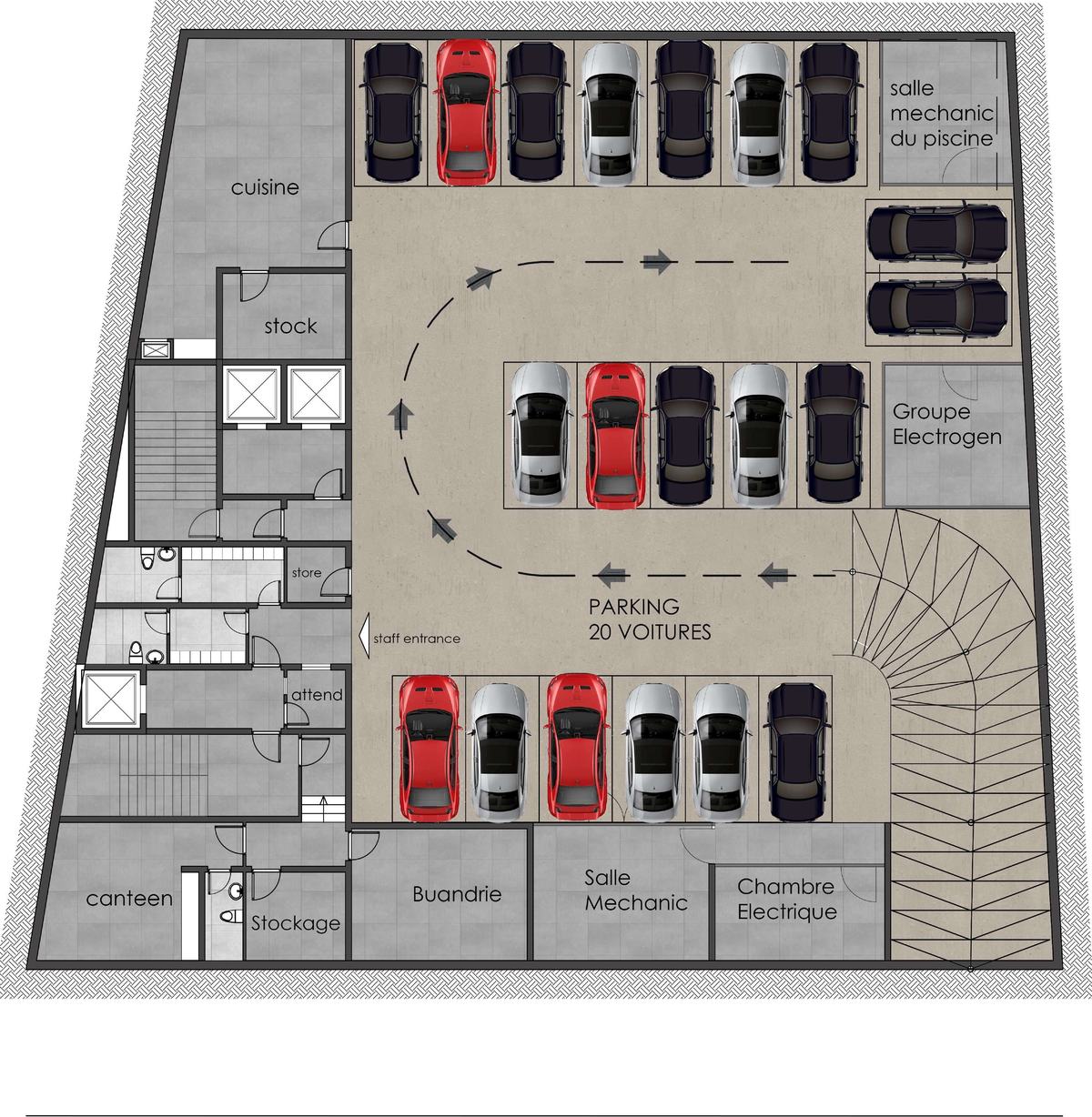 Plan du sous-sol : parking de 20 voitures, cuisine, stockage, buanderie, salle des machines et chambre électrique