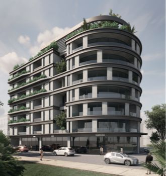 Rendu de l'immeuble résidentiel MALLA Nantoumé : façade incurvée en U, balcons filants et terrasses végétalisées