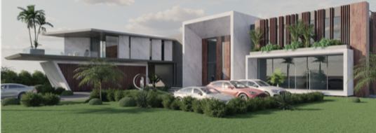 Rendu des villas MALLA Nantoumé : architecture contemporaine entourée de verdure tropicale