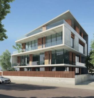 Rendu du siège du SAER Group : immeuble de bureaux contemporain à trois niveaux, bardage bois et béton
