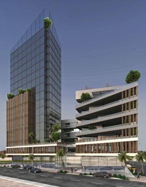 Rendu de la tour Toguna : tour vitrée de 25 étages accompagnée d'un bâtiment en gradins végétalisés