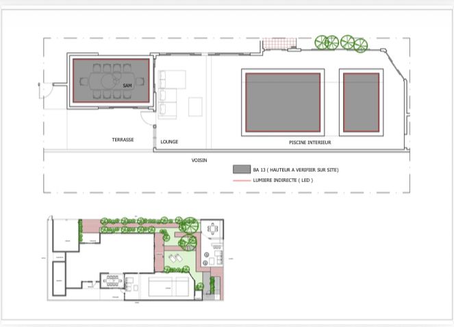 Plan d'aménagement de la résidence : terrasse, lounge, piscine intérieure et plan de masse paysager