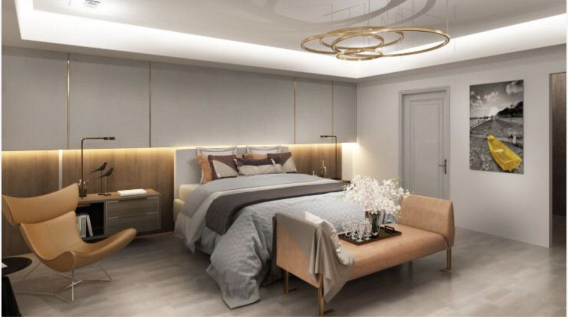 Rendu 3D d'une chambre : tête de lit habillée de bois, éclairage indirect au plafond et corniches