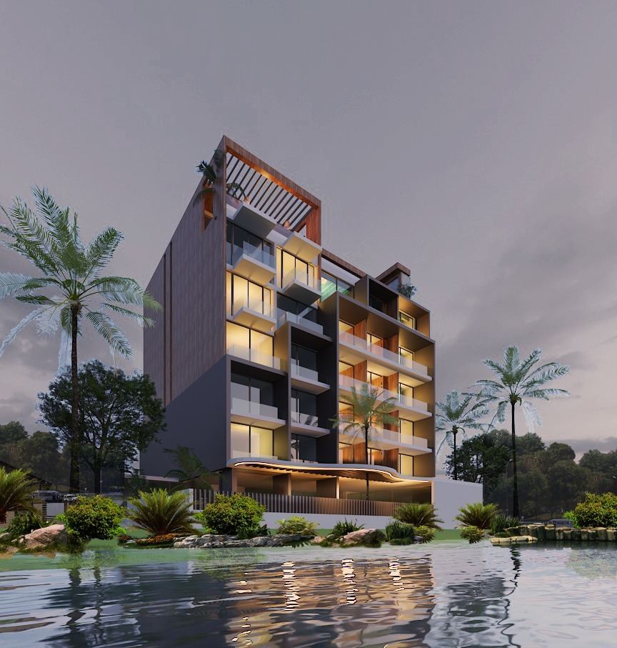 Rendu 3D de la façade de l'immeuble éclairée en soirée, au bord de l'eau