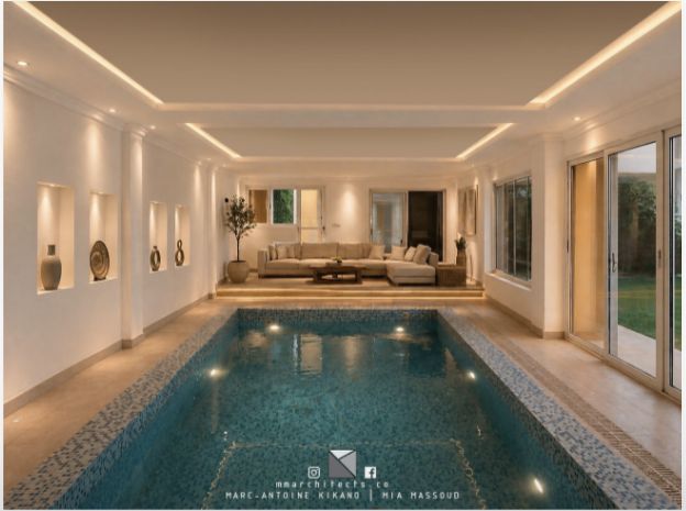 Rendu 3D de la piscine intérieure : bassin couvert en mosaïque prolongé par un salon
