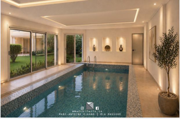 Rendu 3D de la piscine intérieure ouverte sur le jardin par de grandes baies vitrées