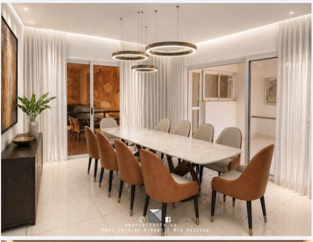 Rendu 3D de la salle à manger : table de dix couverts, fauteuils en cuir et luminaires suspendus circulaires
