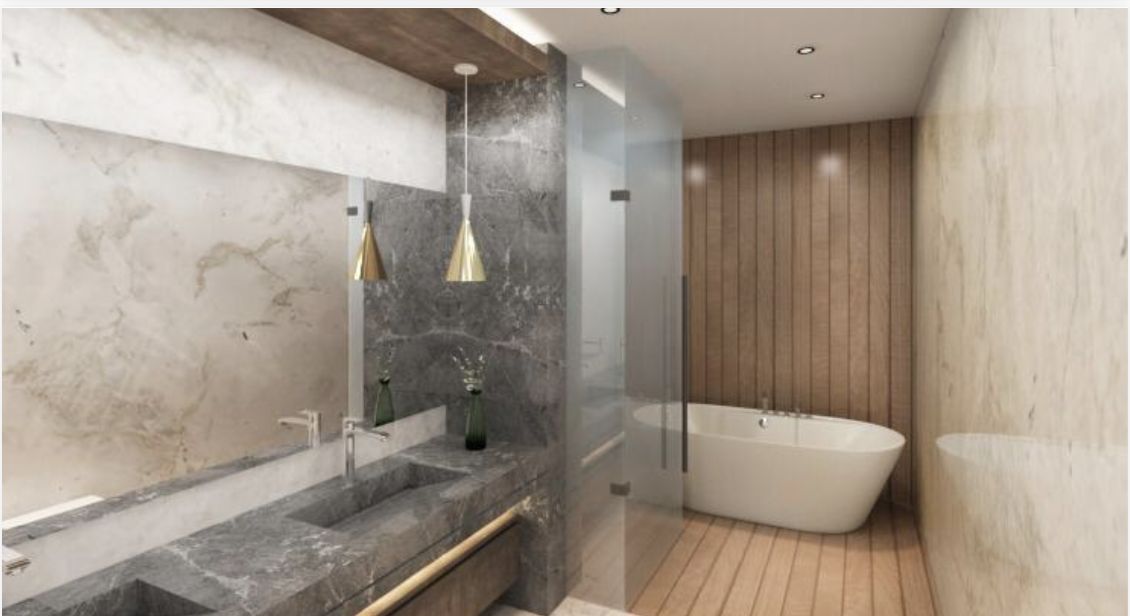 Rendu 3D d'une salle de bain : plan en marbre gris, douche vitrée, baignoire îlot et paroi en bois