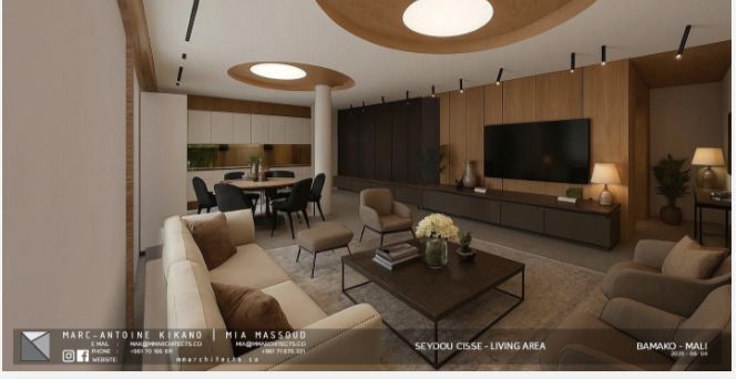 Rendu 3D de l'espace de vie : salon, coin télévision et menuiseries bois sur mesure