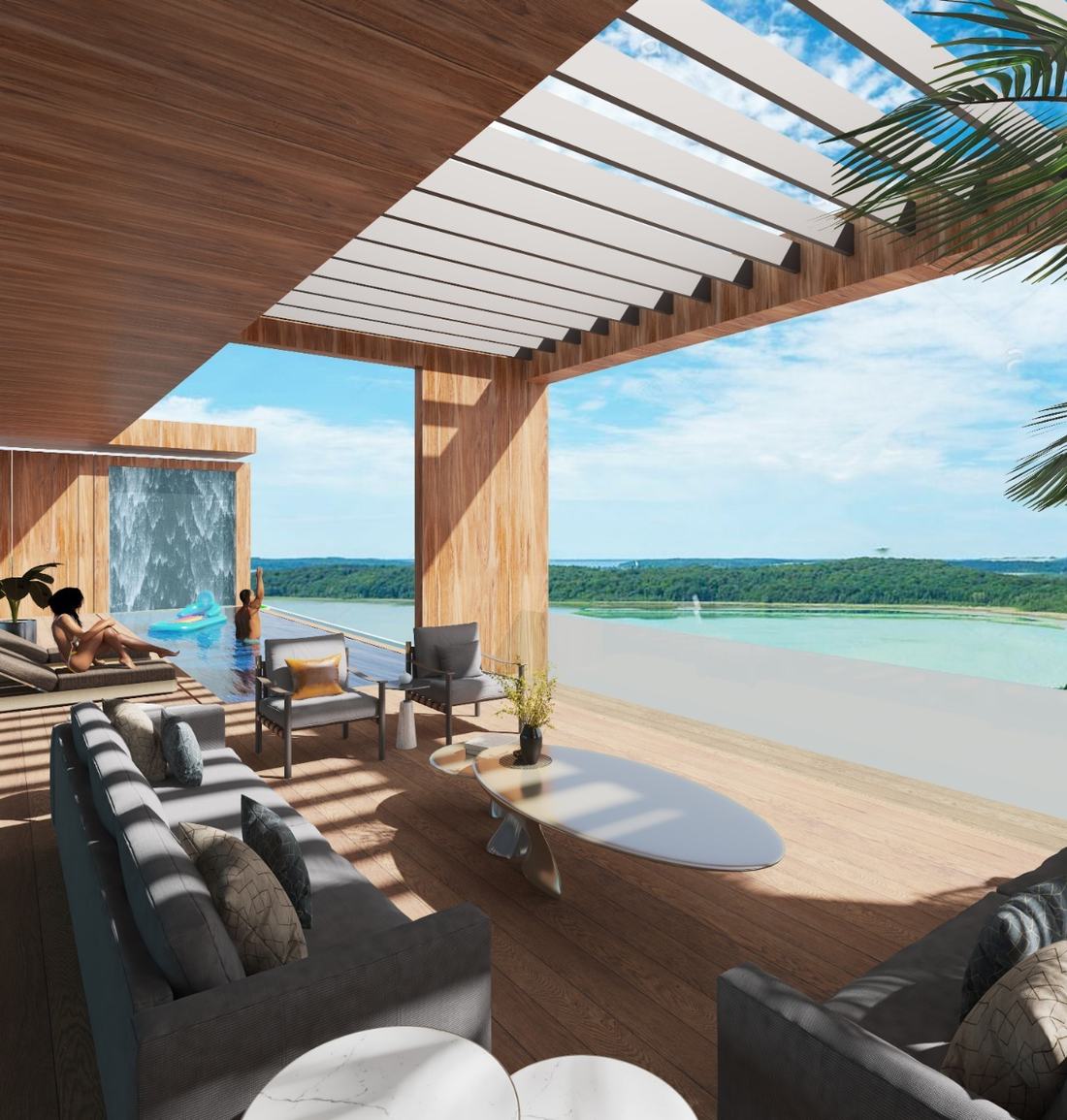 Rendu 3D de la terrasse du penthouse : pergola en bois, salon d'extérieur, bassin à débordement et vue sur le fleuve